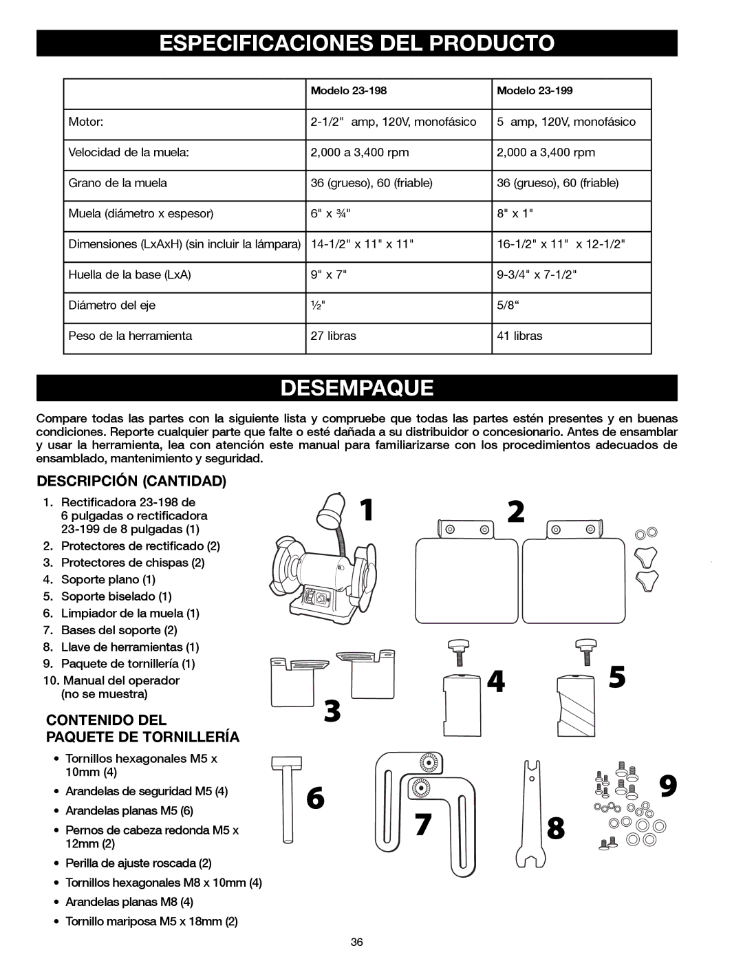 Delta 23-199, 23-198 instruction manual Especificaciones DEL Producto, Desempaque 