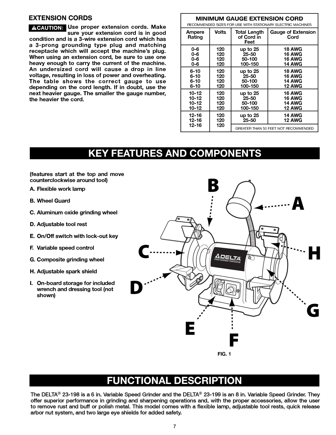 Delta 23-198, 23-199 instruction manual KEY Features and Components, Functional Description, Extension Cords 