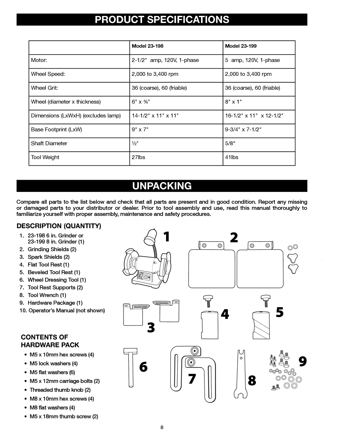 Delta 23-199, 23-198 instruction manual Product Specifications, Unpacking 