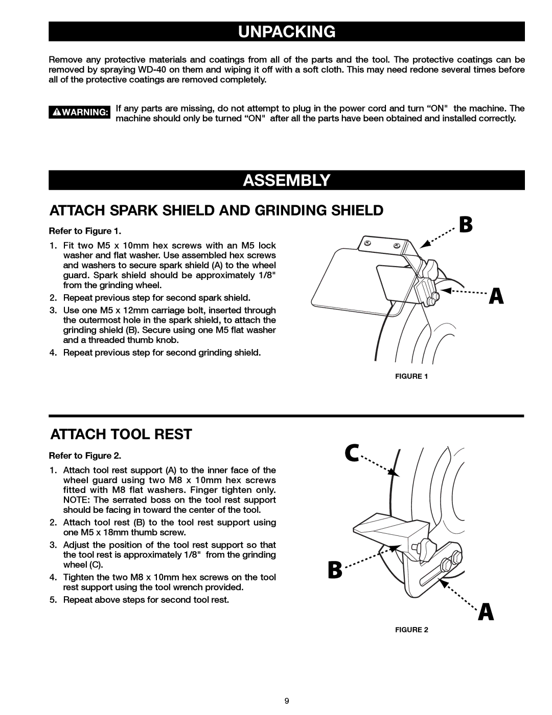 Delta 23-198, 23-199 instruction manual Assembly, Attach Spark Shield and Grinding Shield, Attach Tool Rest, Refer to Figure 