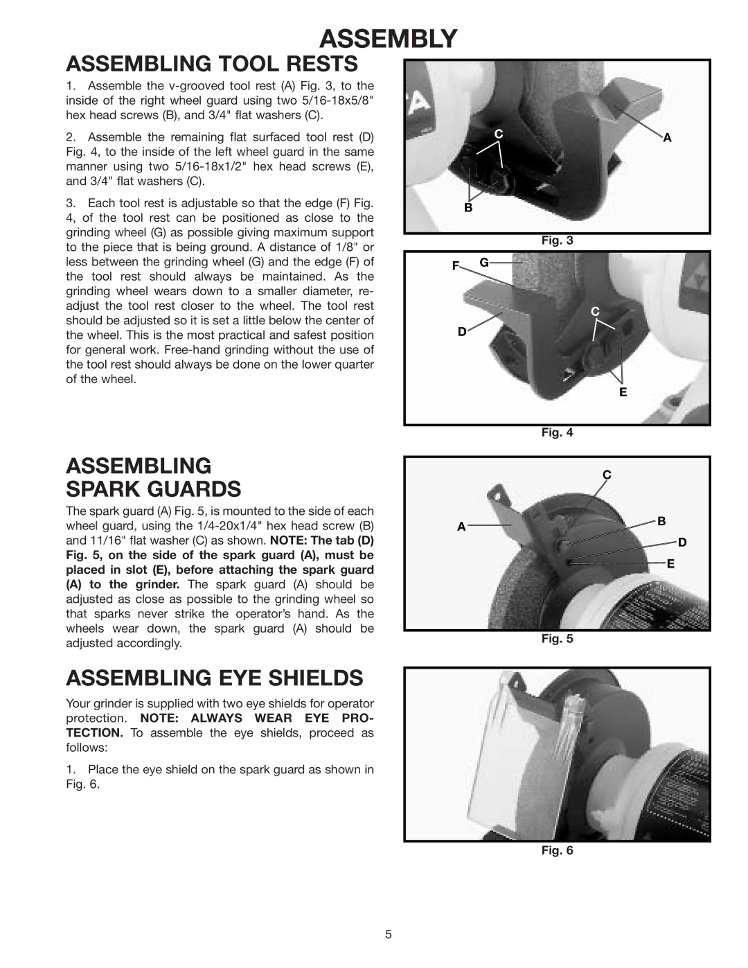 Delta 23-589 instruction manual Assembly, Assembling Tool Rests, Assembling Spark Guards, Assembling EYE Shields 