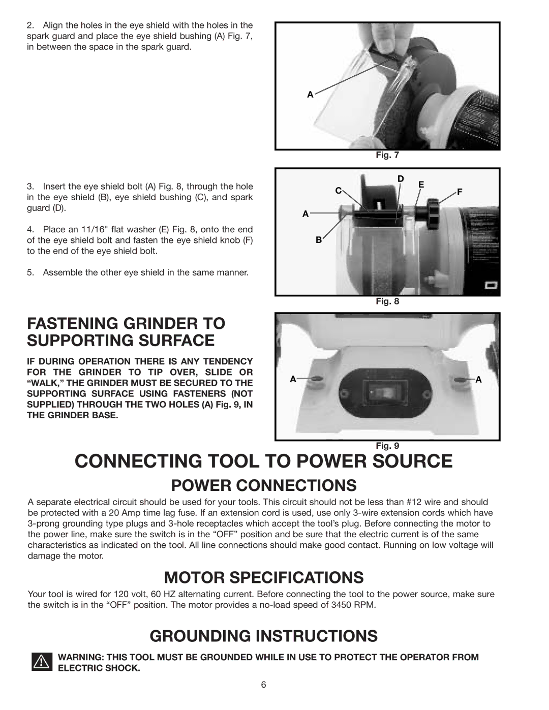 Delta 23-589 instruction manual Connecting Tool to Power Source, Fastening Grinder to Supporting Surface, Power Connections 