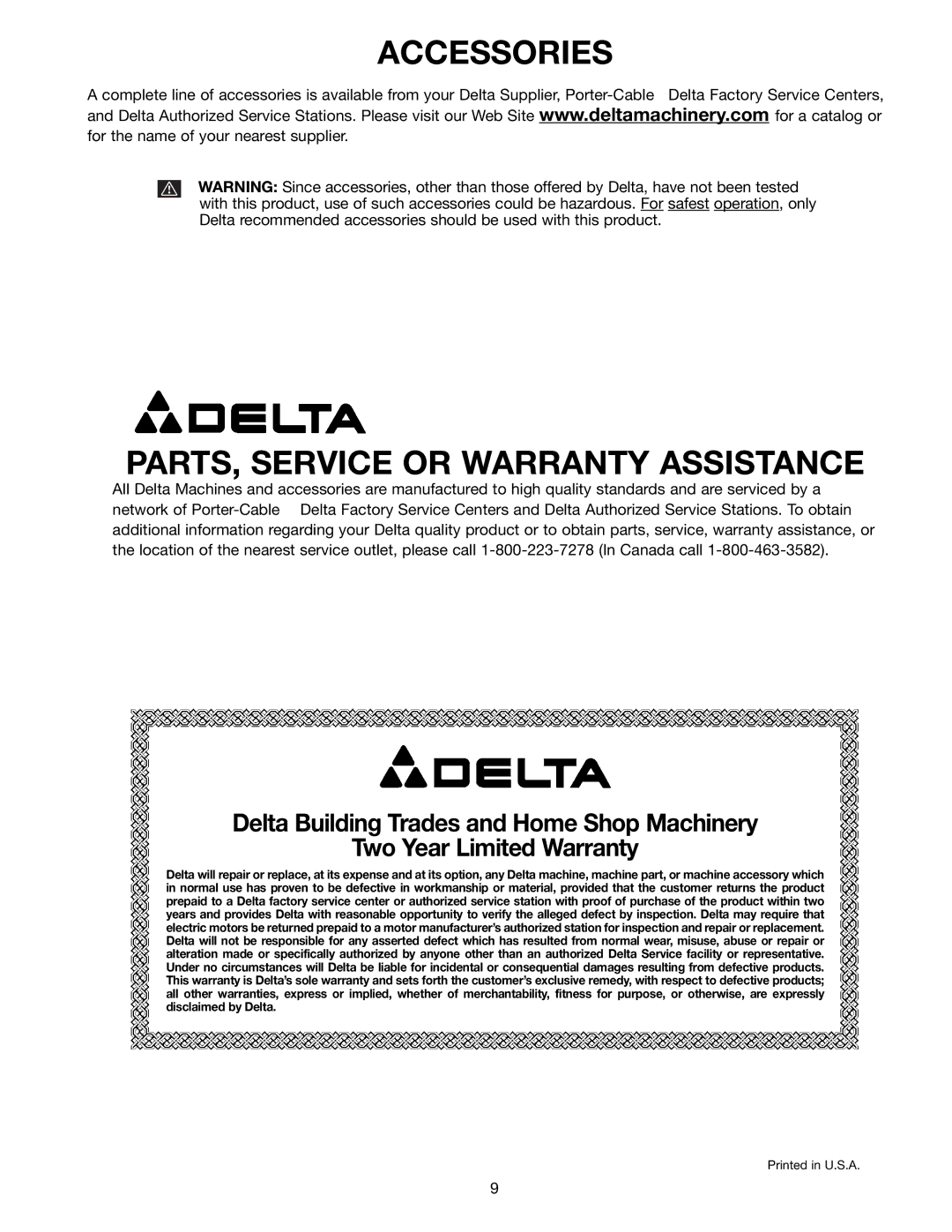 Delta 23-589 instruction manual Accessories PARTS, Service or Warranty Assistance 