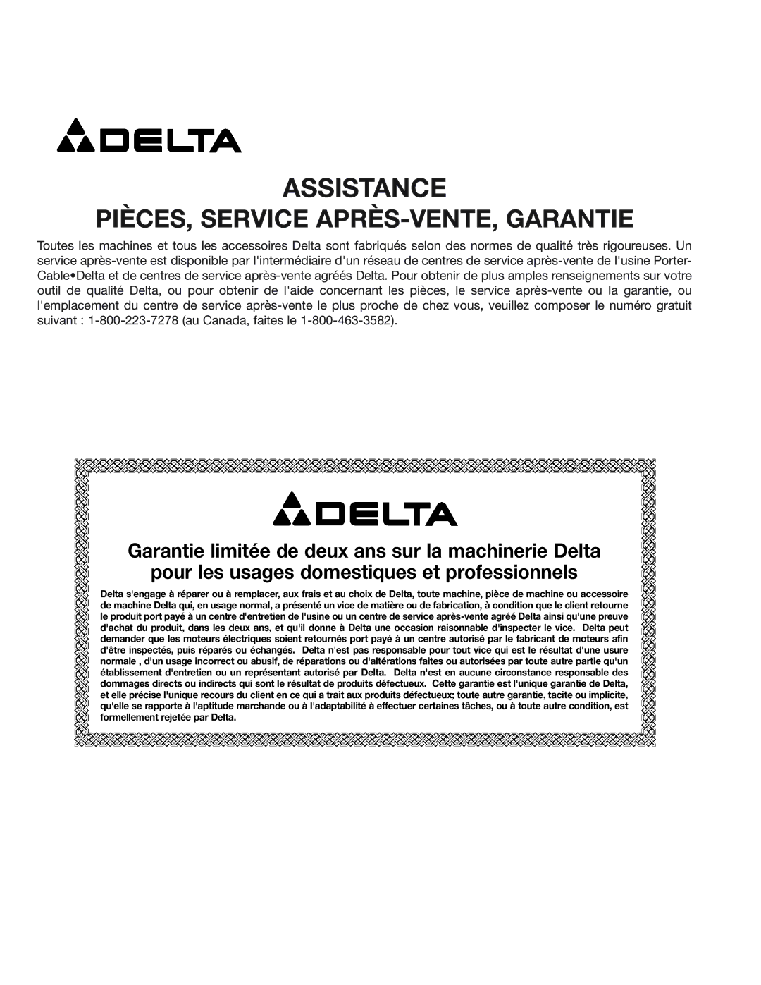 Delta 23-589C manual Assistance, PIÈCES, Service APRÈS-VENTE, Garantie 