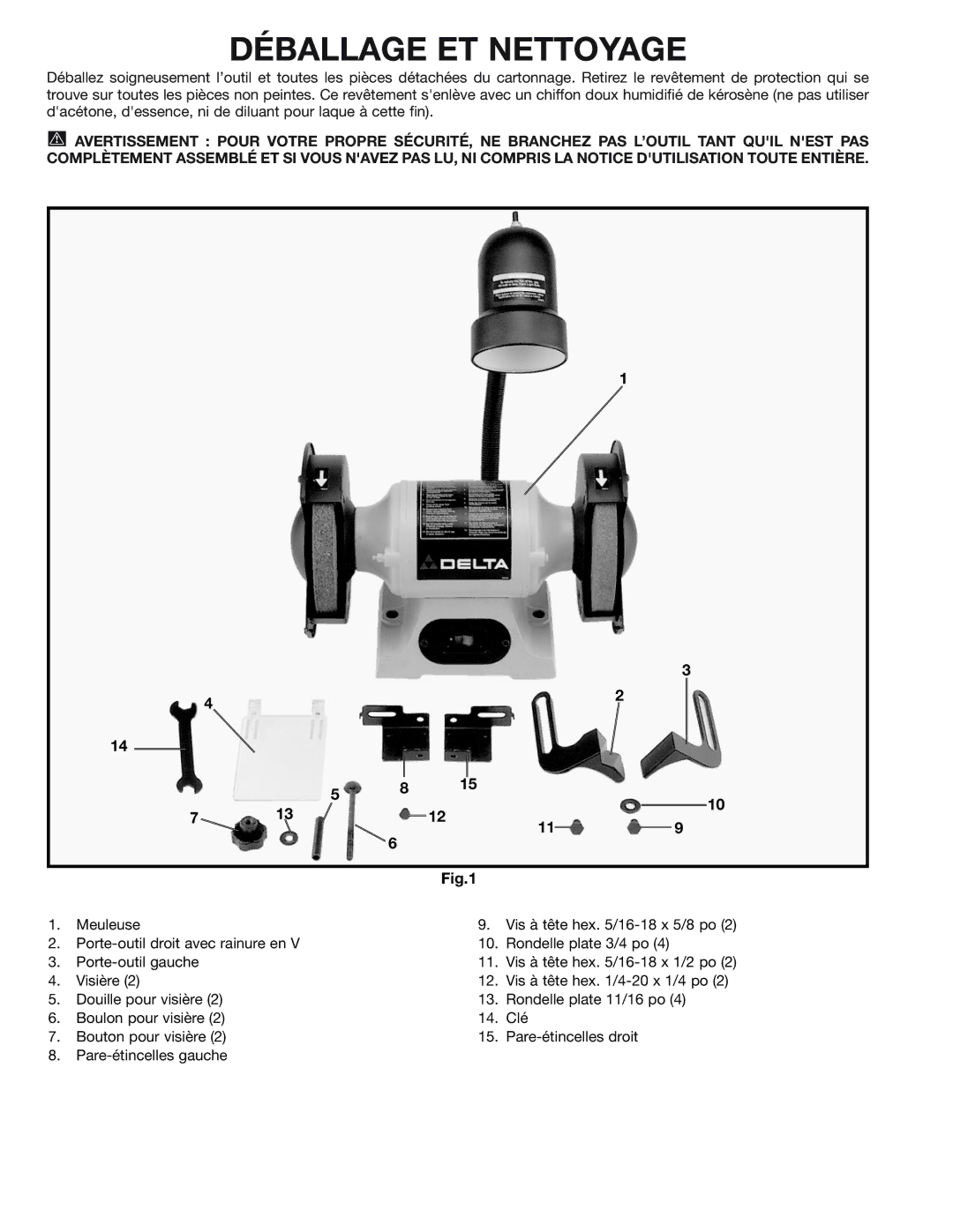 Delta 23-589C manual Déballage ET Nettoyage 