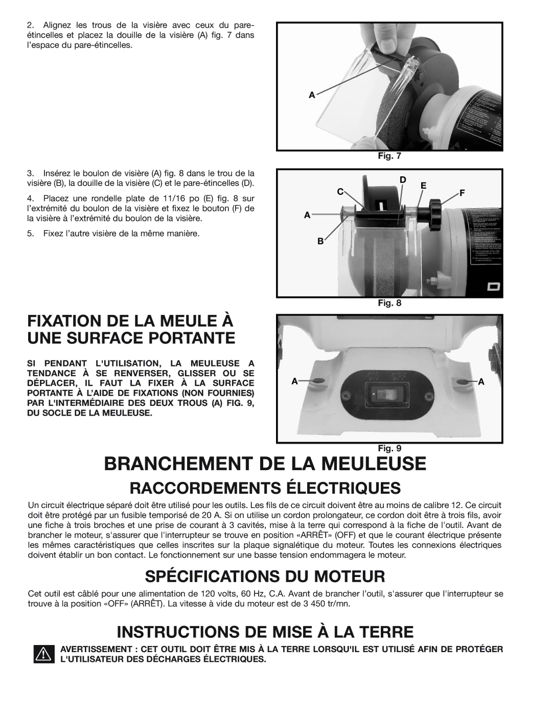 Delta 23-589C manual Branchement DE LA Meuleuse, Fixation DE LA Meule À UNE Surface Portante, Raccordements Électriques 