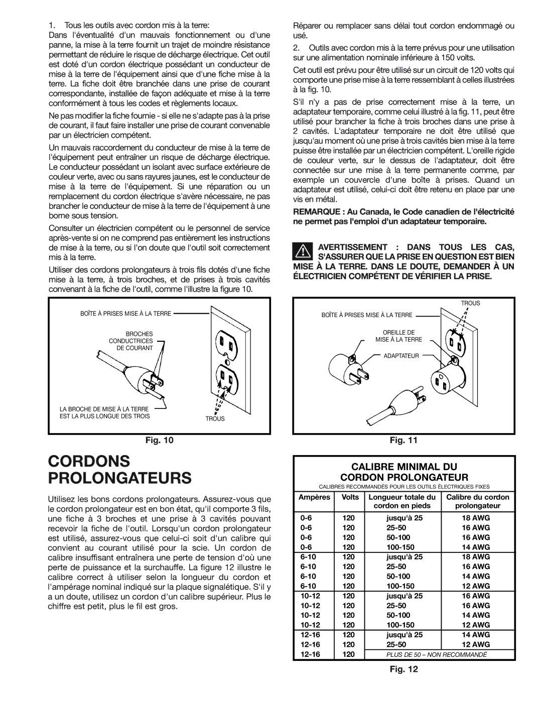 Delta 23-589C manual Cordons Prolongateurs, Tous les outils avec cordon mis à la terre 