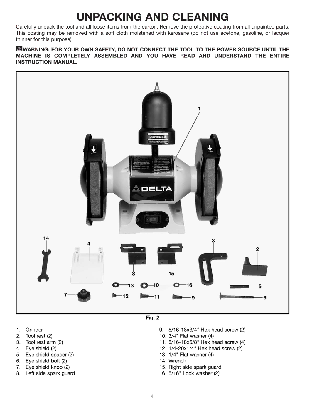 Delta 23-592 instruction manual Unpacking and Cleaning 