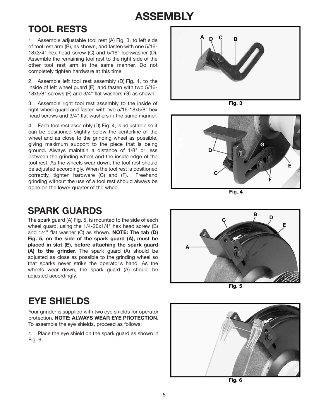 Delta 23-592 instruction manual Assembly, Tool Rests, Spark Guards, EYE Shields 