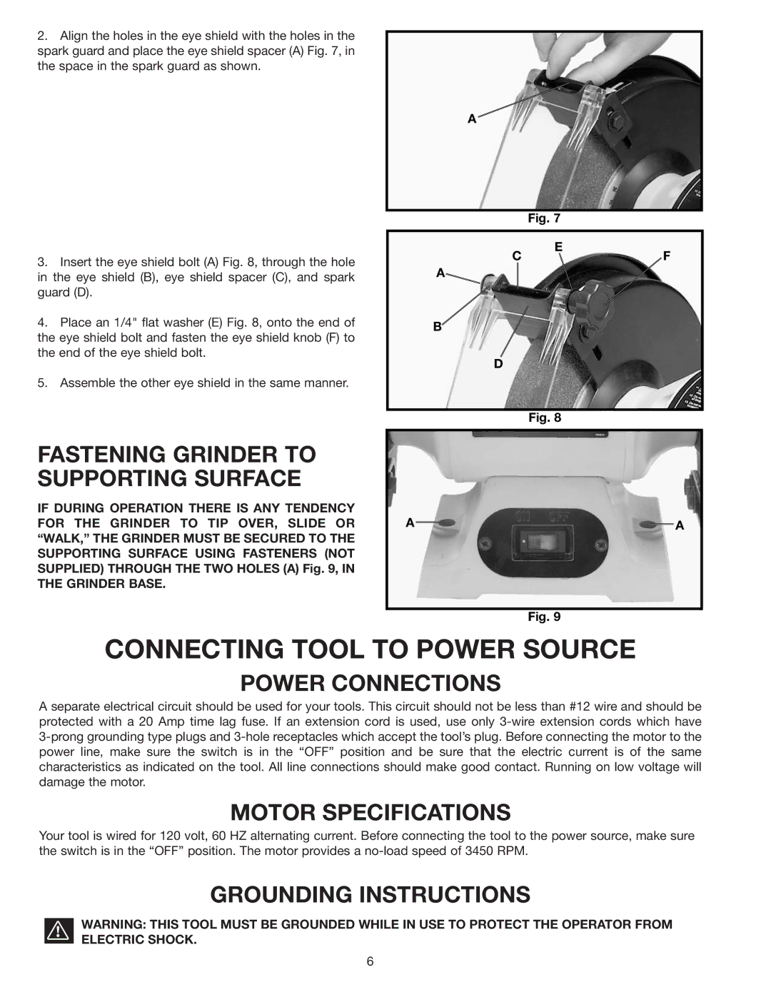 Delta 23-592 instruction manual Connecting Tool to Power Source, Fastening Grinder to Supporting Surface, Power Connections 