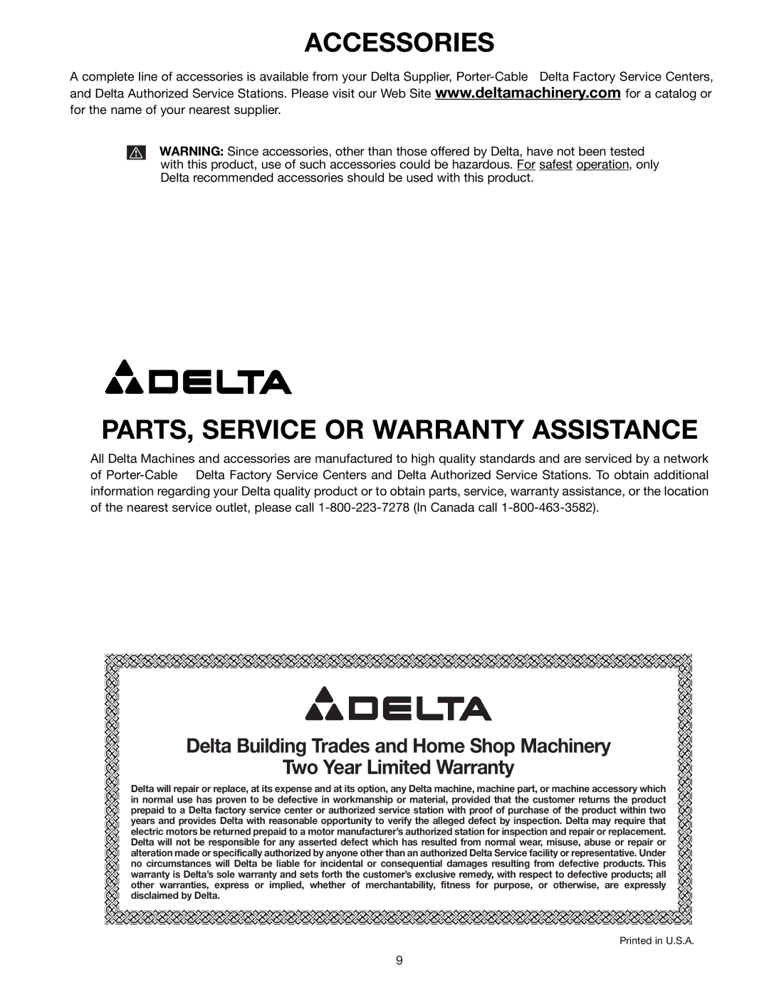 Delta 23-592 instruction manual Accessories PARTS, Service or Warranty Assistance 