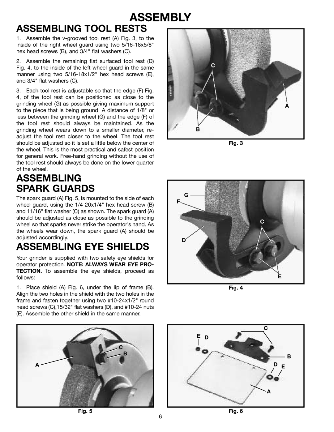 Delta 23-645, 23-640 instruction manual Assembly, Assembling Tool Rests, Assembling Spark Guards, Assembling EYE Shields 