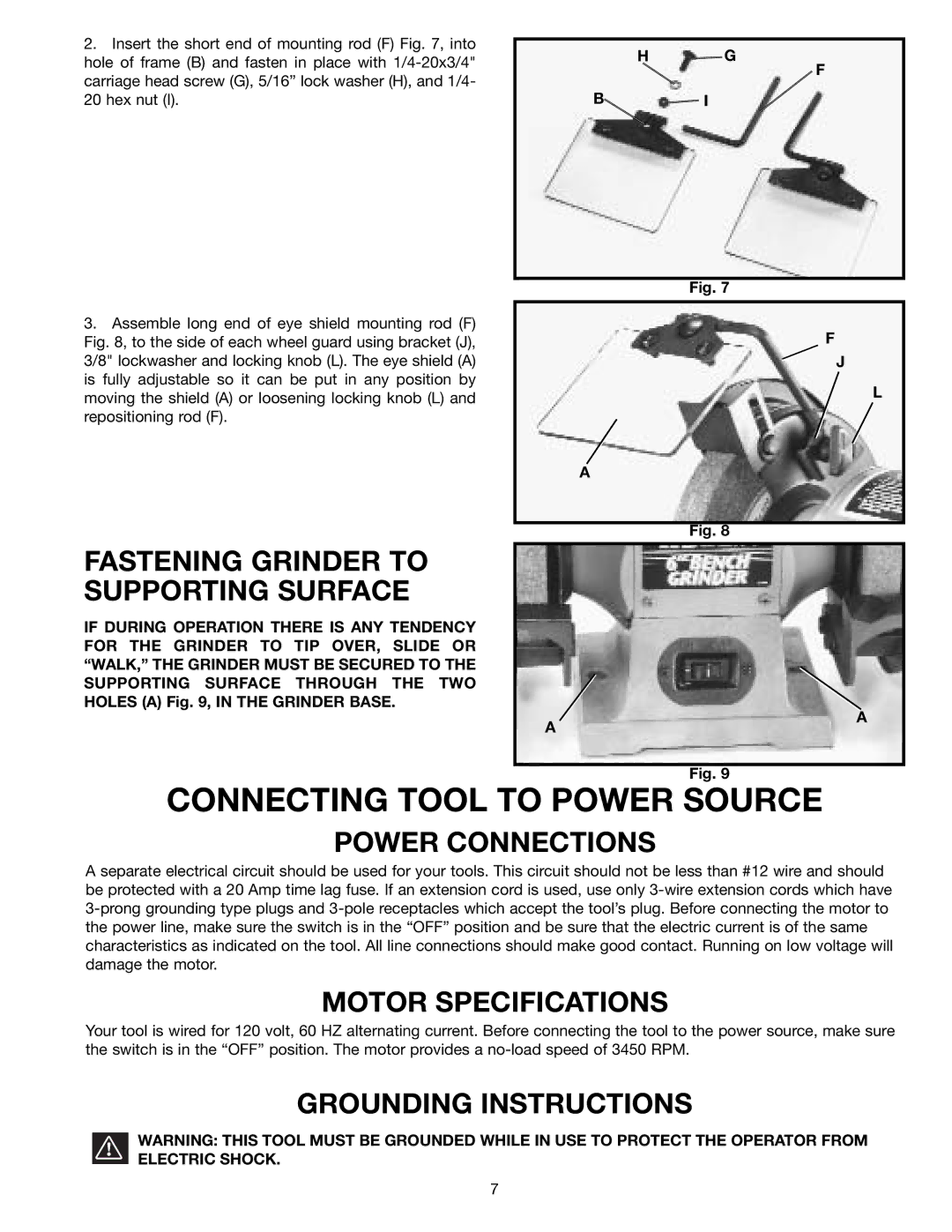 Delta 23-640, 23-645 Connecting Tool to Power Source, Fastening Grinder to Supporting Surface, Power Connections 