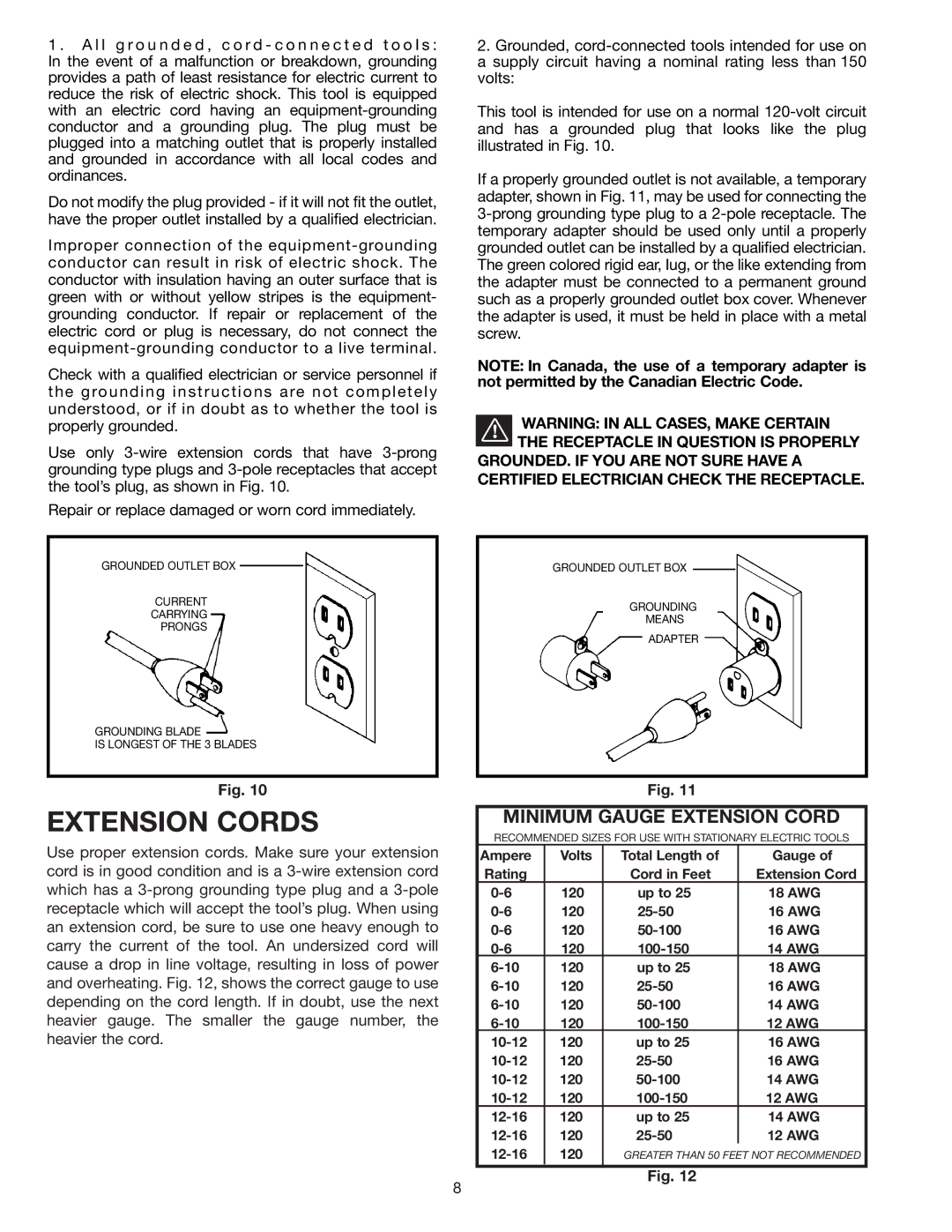 Delta 23-645, 23-640 instruction manual Extension Cords 