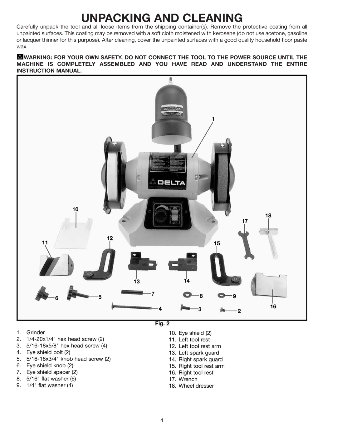 Delta 23-655 instruction manual Unpacking and Cleaning 