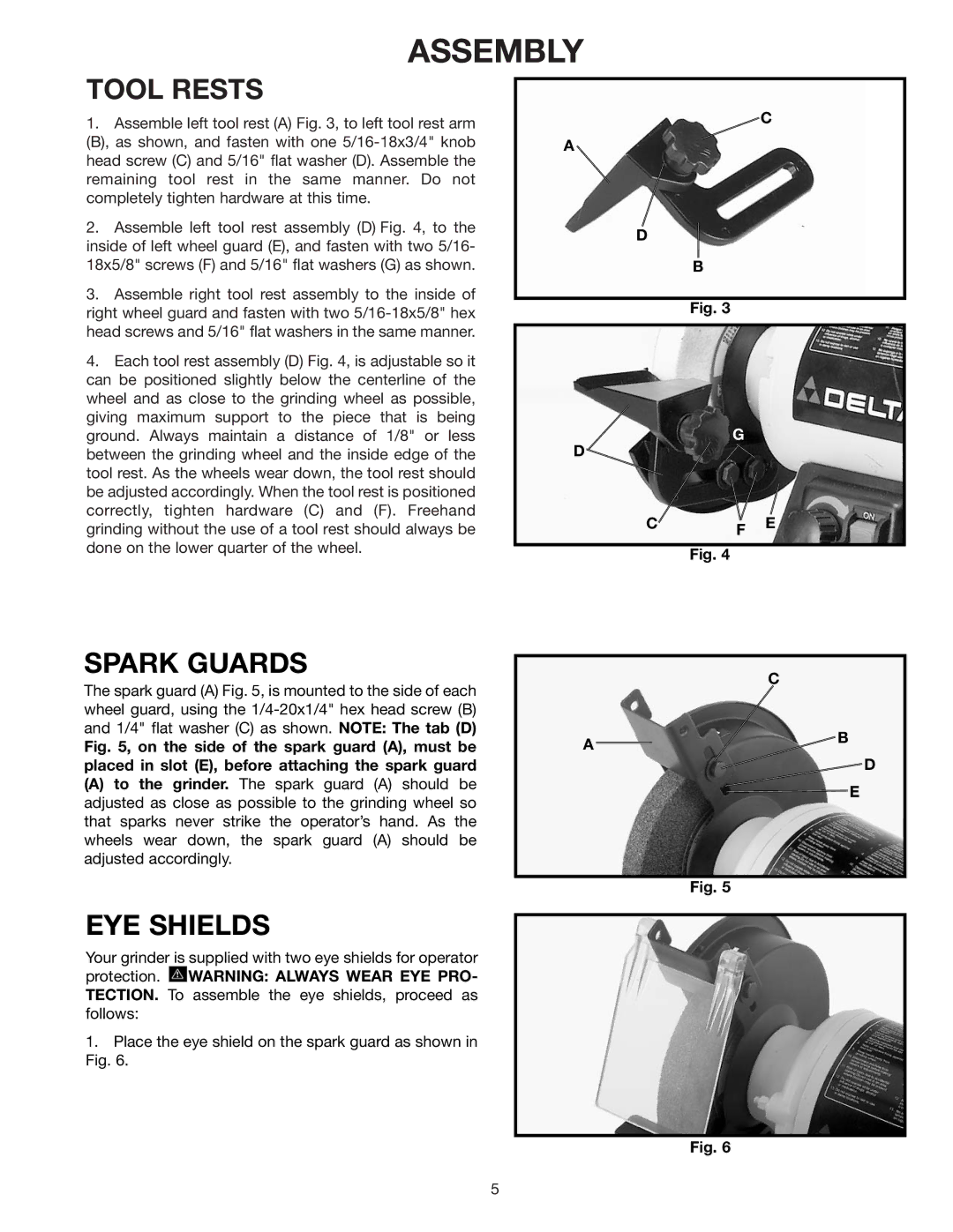 Delta 23-655 instruction manual Assembly, Tool Rests, Spark Guards, EYE Shields 