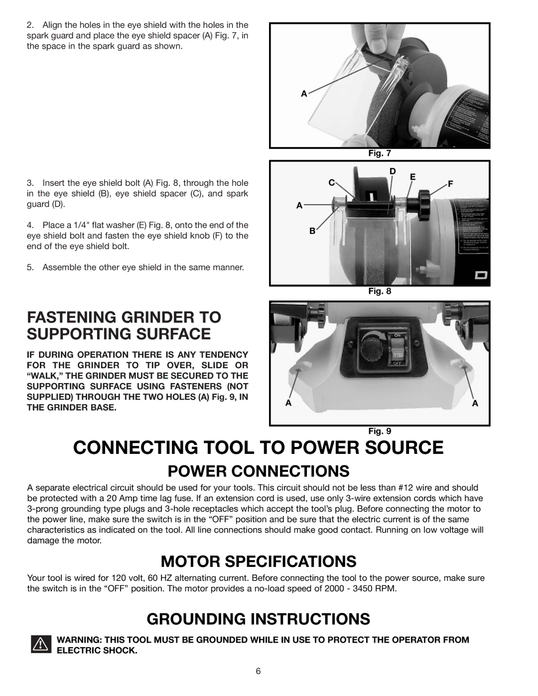 Delta 23-655 instruction manual Connecting Tool to Power Source, Fastening Grinder to Supporting Surface, Power Connections 