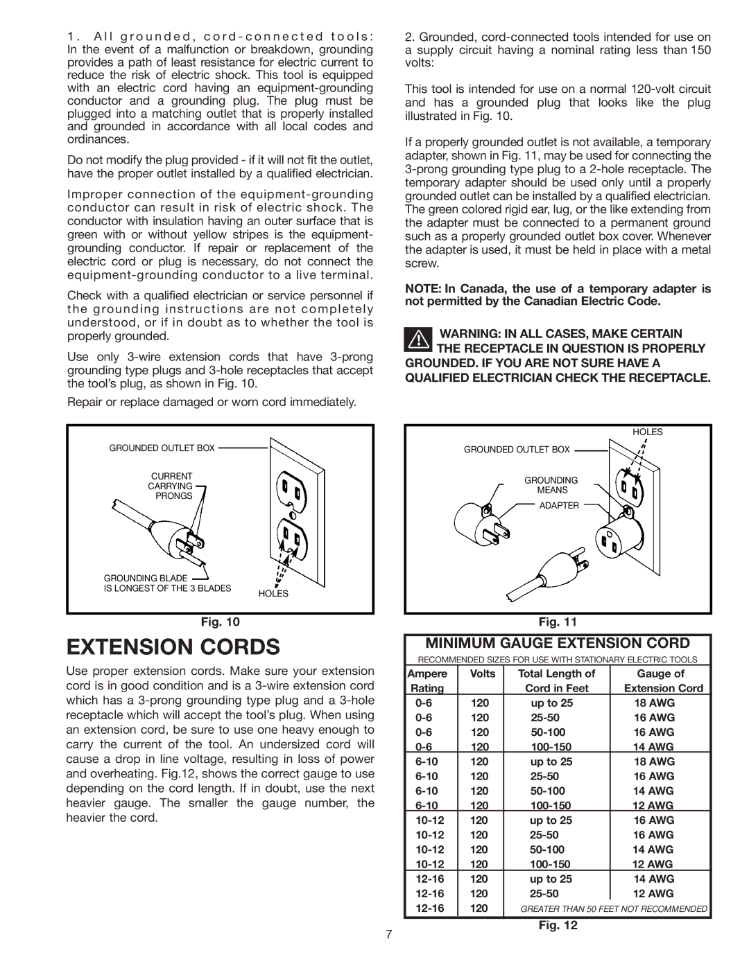 Delta 23-655 instruction manual Extension Cords, Minimum Gauge Extension Cord 