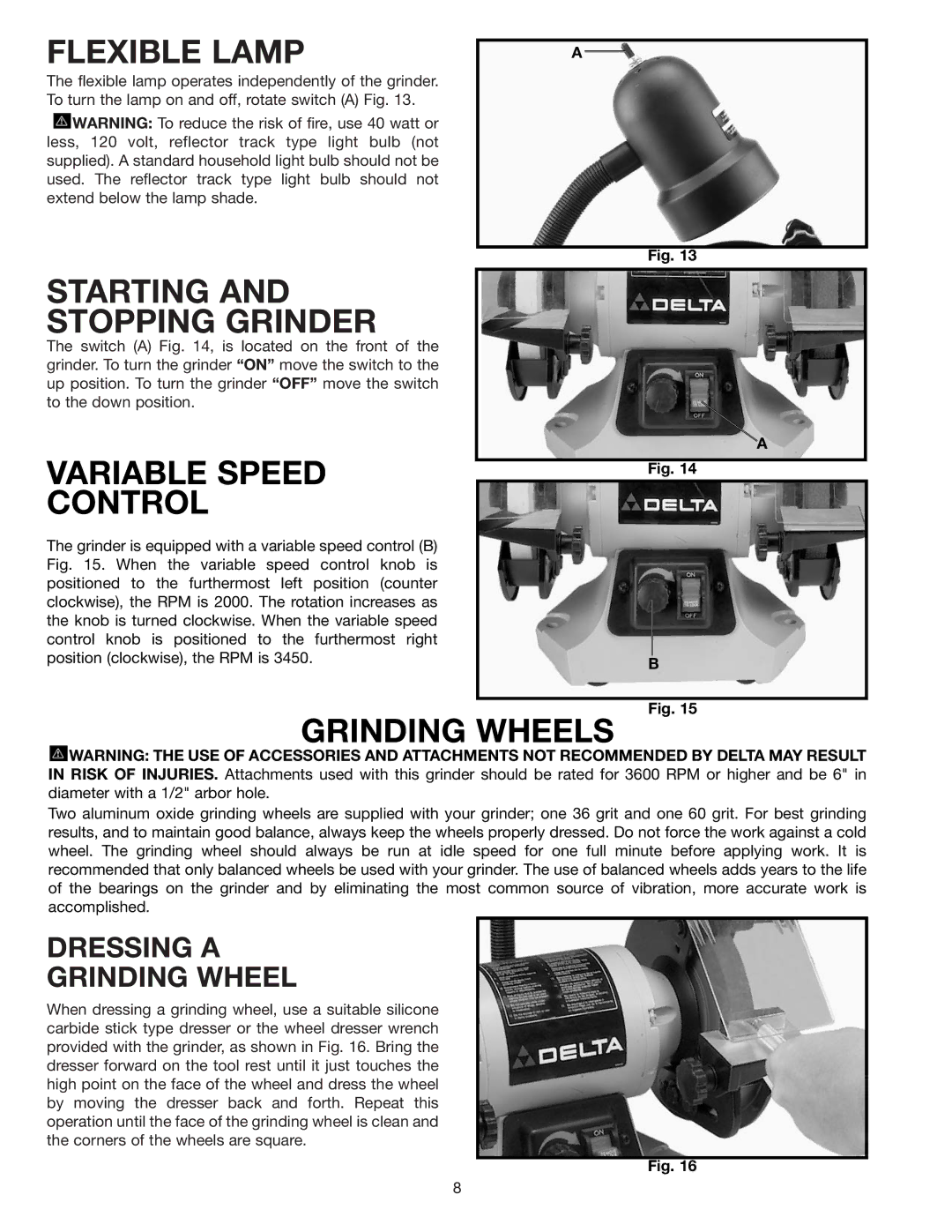 Delta 23-655 instruction manual Flexible Lamp, Starting and Stopping Grinder, Variable Speed Control, Grinding Wheels 