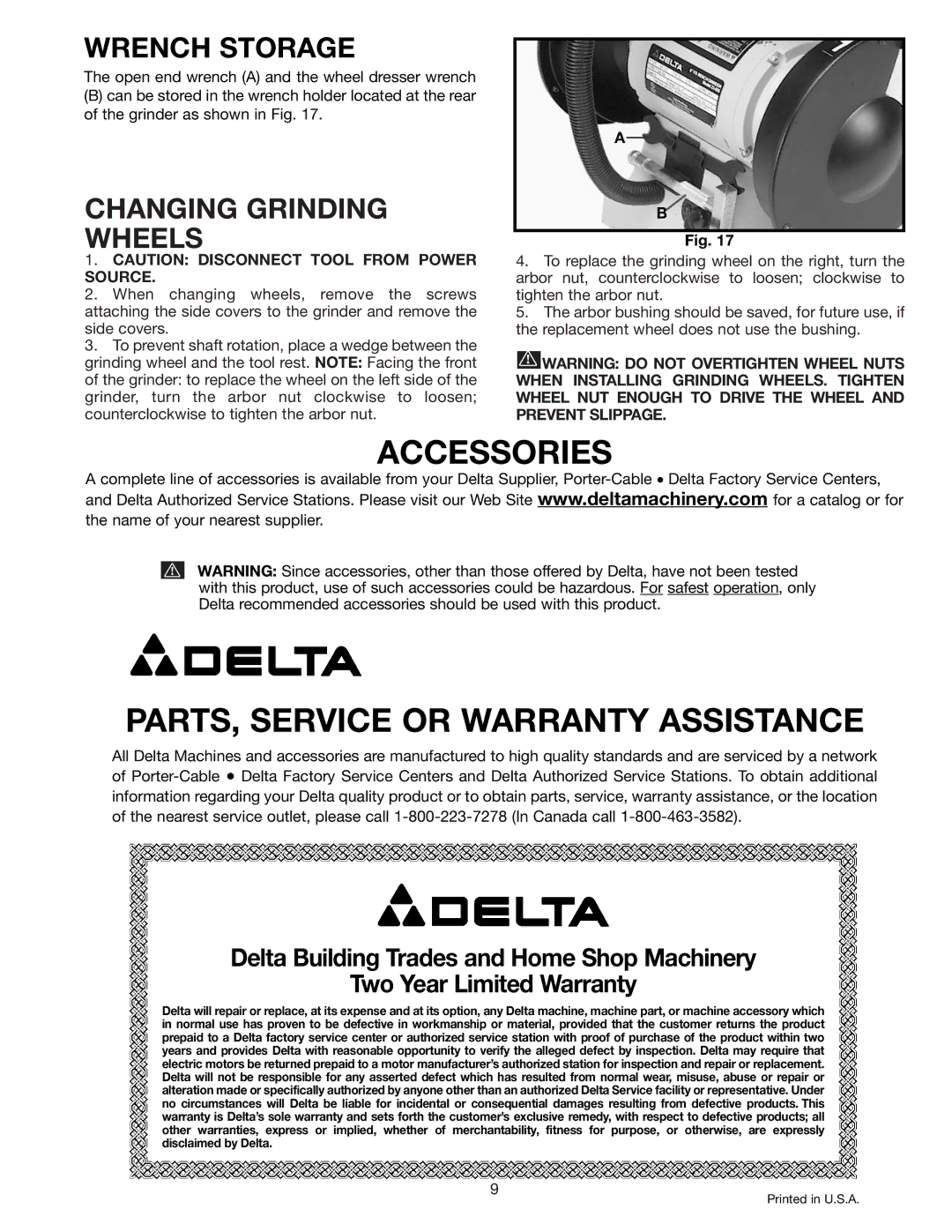 Delta 23-655 instruction manual Accessories PARTS, Service or Warranty Assistance, Wrench Storage, Changing Grinding Wheels 