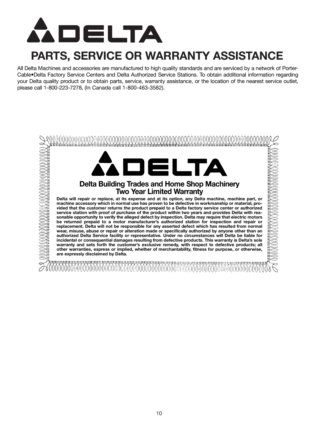 Delta 23-665 instruction manual PARTS, Service or Warranty Assistance 