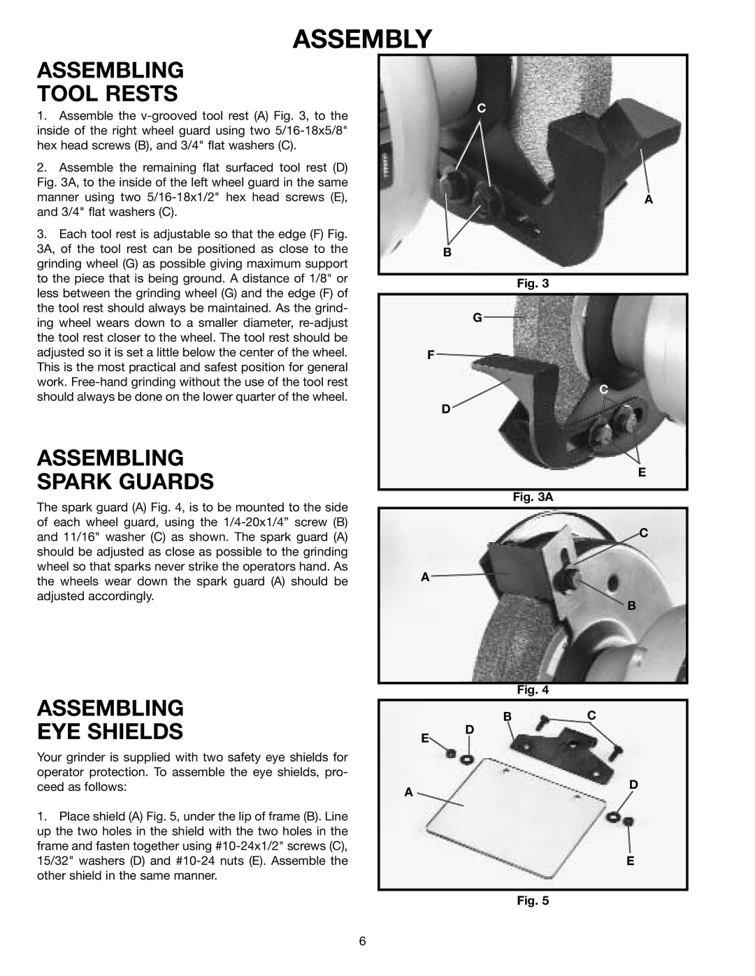 Delta 23-665 instruction manual Assembly, Assembling Tool Rests, Assembling Spark Guards, Assembling EYE Shields 