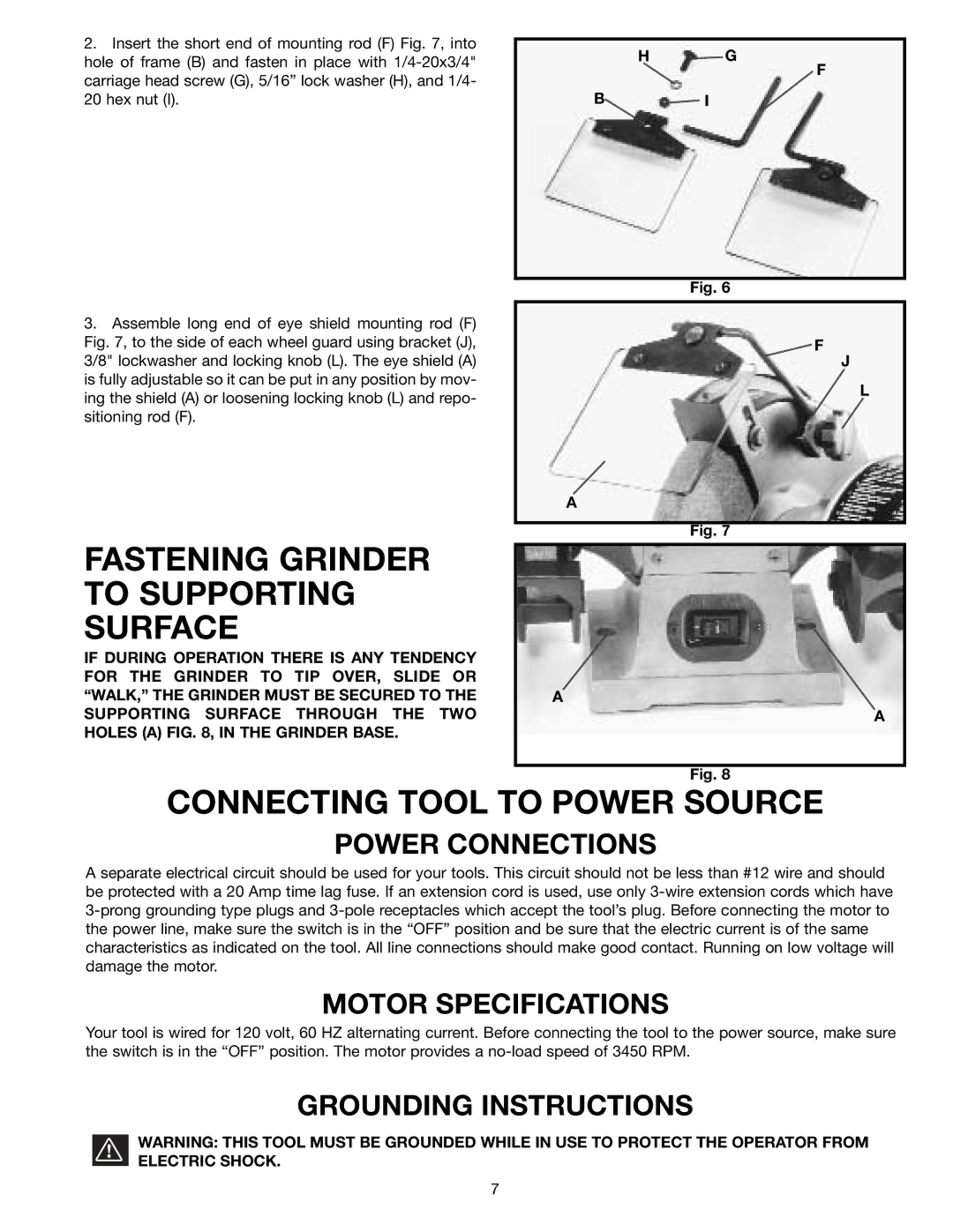 Delta 23-665 instruction manual Fastening Grinder to Supporting Surface, Connecting Tool to Power Source, Power Connections 