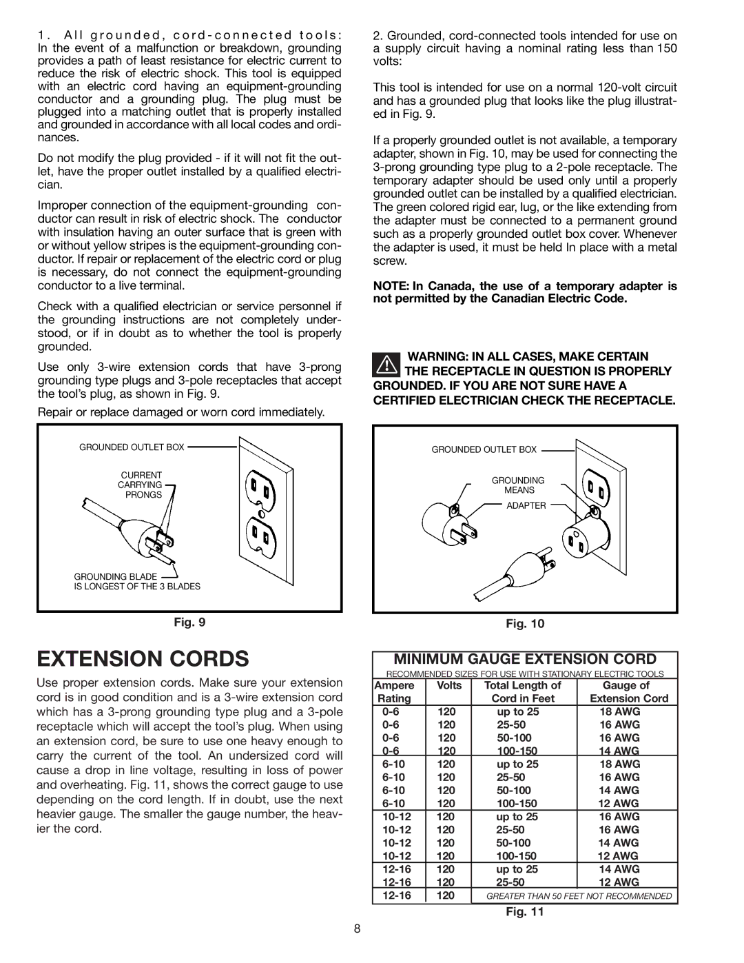 Delta 23-665 instruction manual Extension Cords 