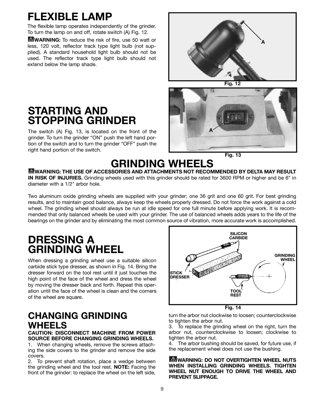 Delta 23-665 instruction manual Flexible Lamp, Starting and Stopping Grinder, Grinding Wheels, Dressing a Grinding Wheel 