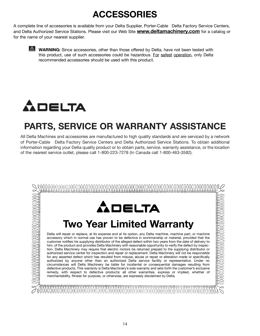 Delta 23-725, 23-730, 23-735 instruction manual Two Year Limited Warranty, PARTS, Service or Warranty Assistance 