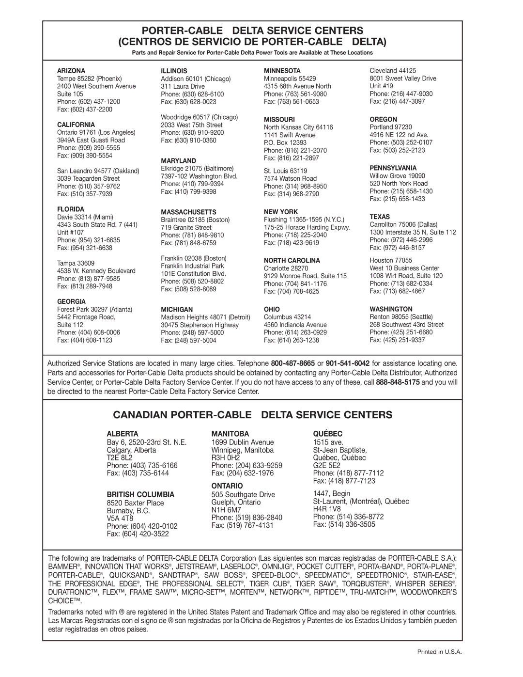 Delta 23-735, 23-730, 23-725 instruction manual PORTER-CABLE Delta Service Centers 