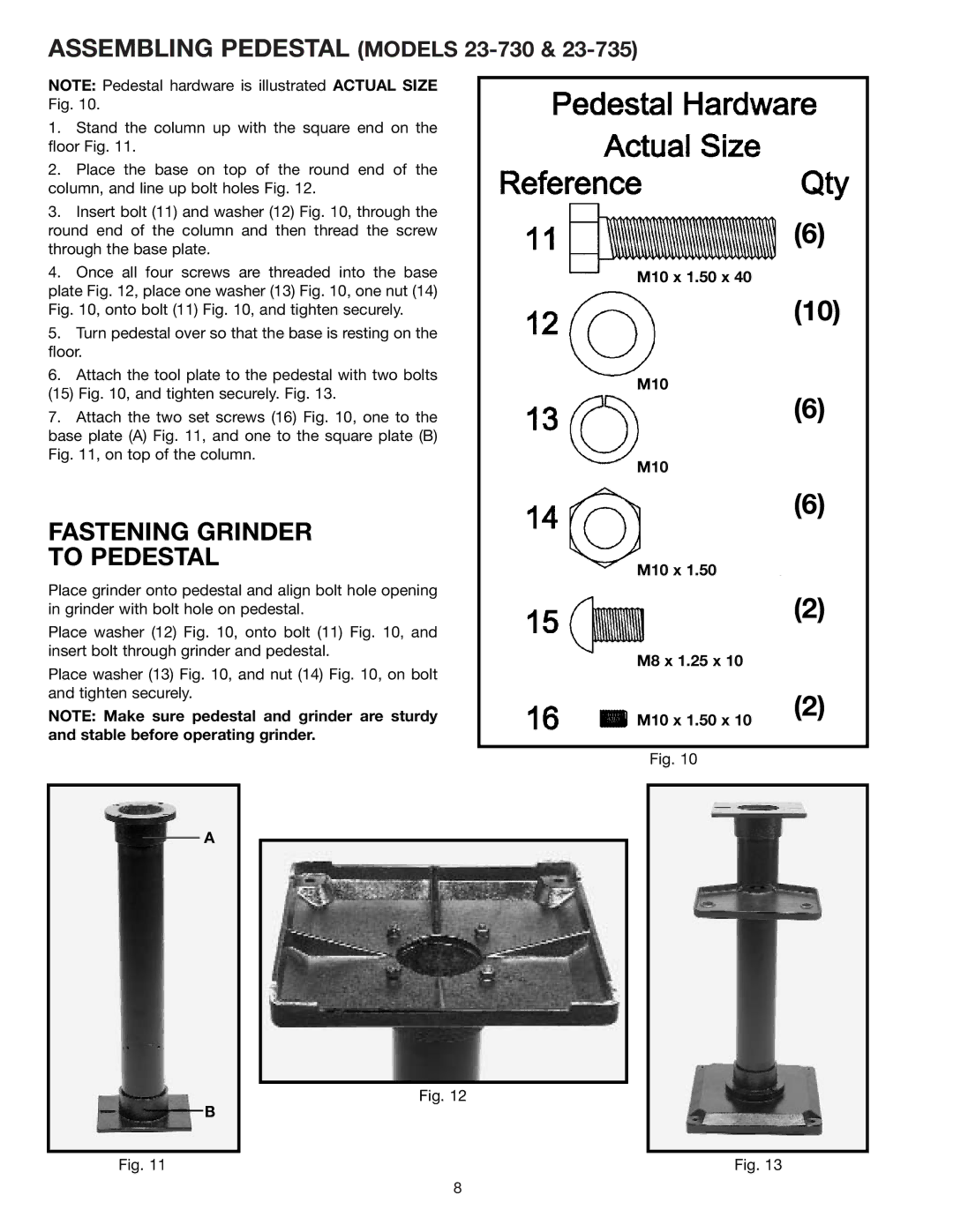 Delta 23-725, 23-730, 23-735 instruction manual Fastening Grinder To Pedestal 