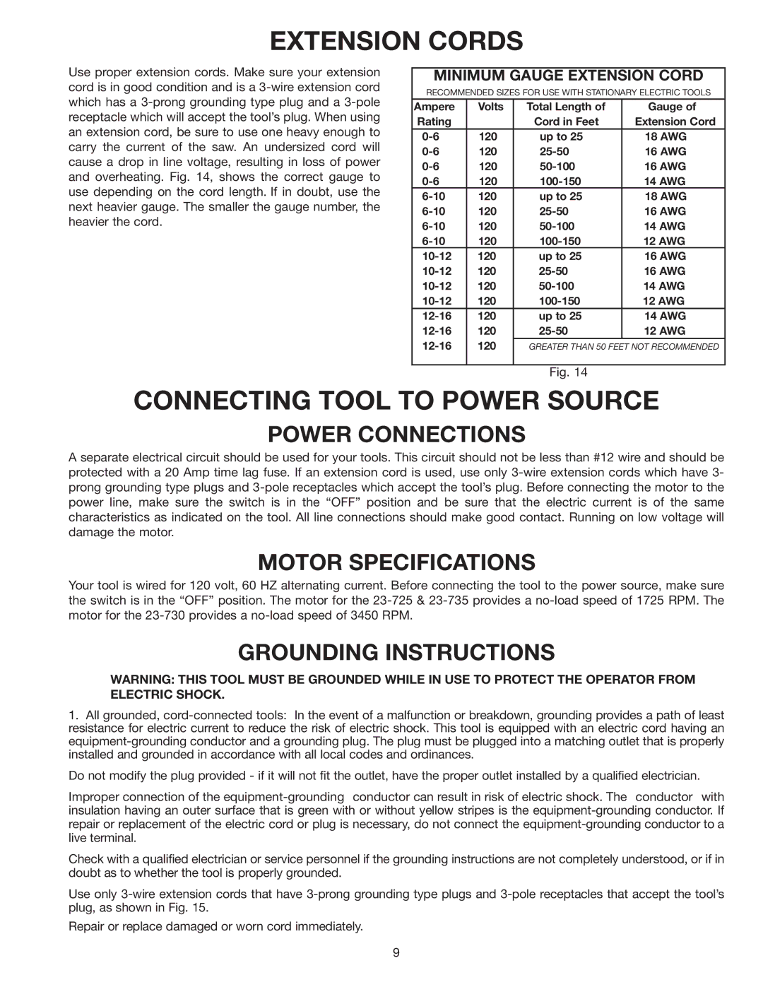 Delta 23-730, 23-735, 23-725 instruction manual Extension Cords, Connecting Tool to Power Source 