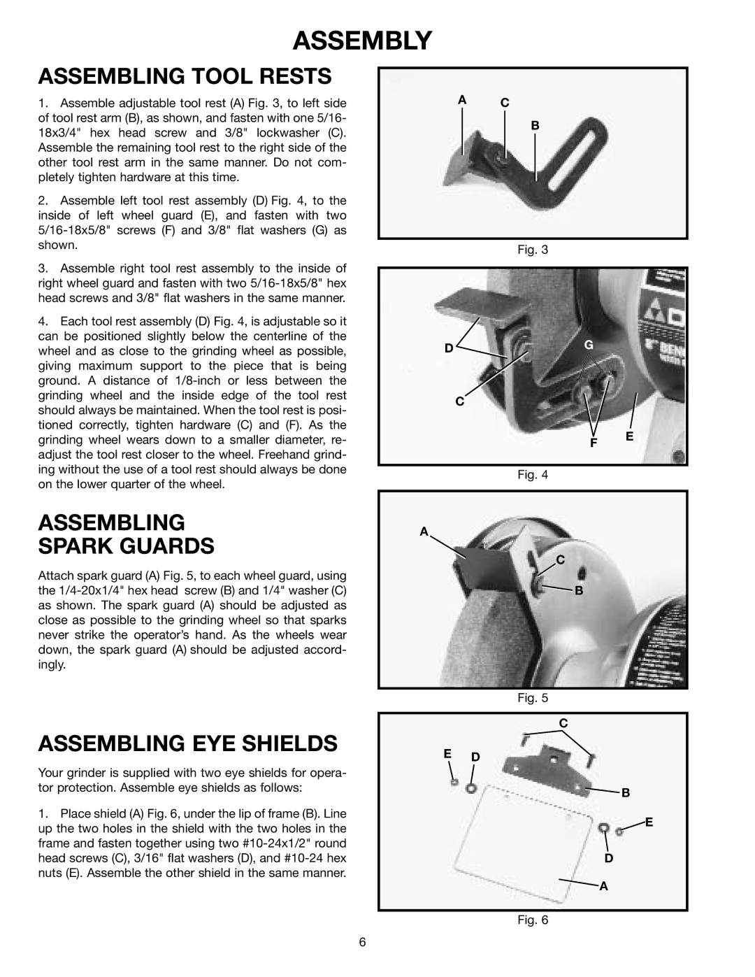 Delta 23-840 instruction manual Assembly, Assembling Tool Rests, Assembling Spark Guards, Assembling EYE Shields 