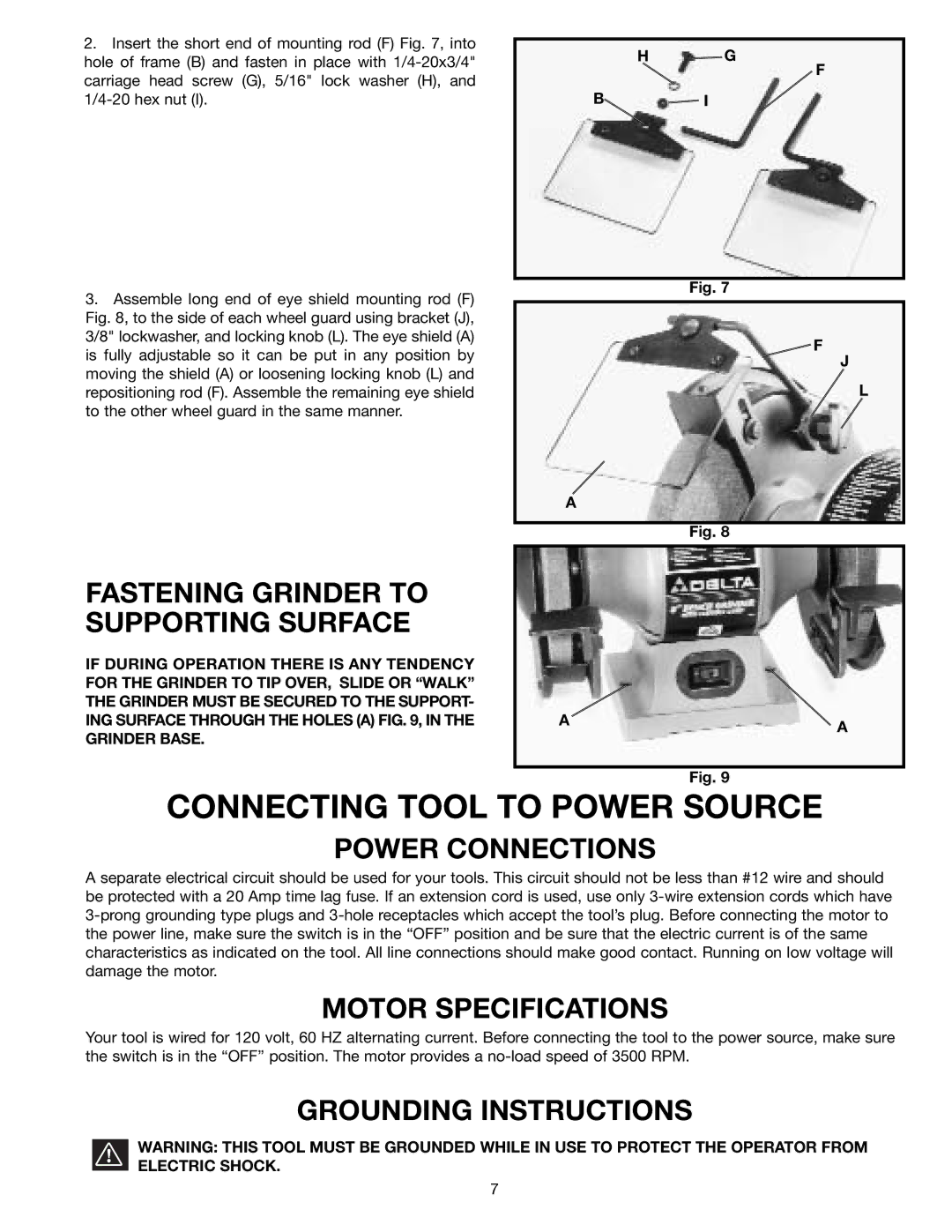 Delta 23-840 instruction manual Connecting Tool to Power Source, Fastening Grinder to Supporting Surface, Power Connections 