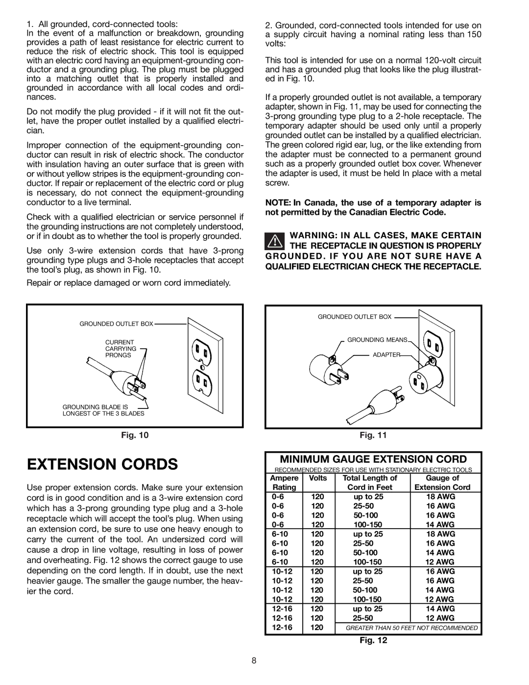 Delta 23-840 instruction manual Extension Cords, Minimum Gauge Extension Cord 