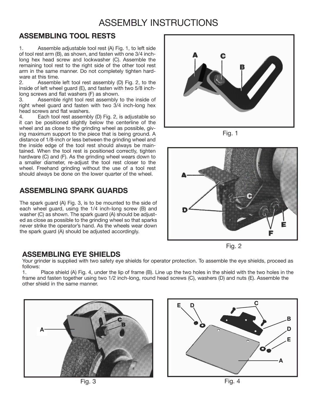 Delta 23-980, 23-880 instruction manual Assembling Tool Rests, Assembling Spark Guards, Assembling EYE Shields 