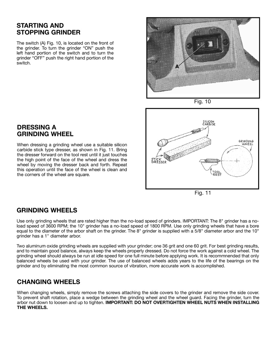 Delta 23-880, 23-980 Starting Stopping Grinder, Dressing a Grinding Wheel, Grinding Wheels, Changing Wheels 