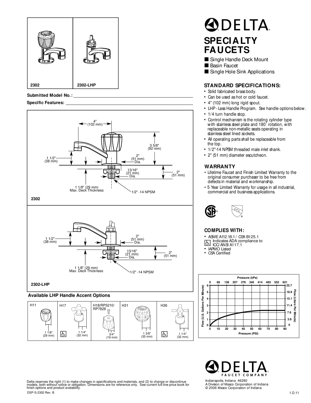 Delta 2302-LHP warranty Specialty Faucets, Standard Specifications, Warranty, Complies with 