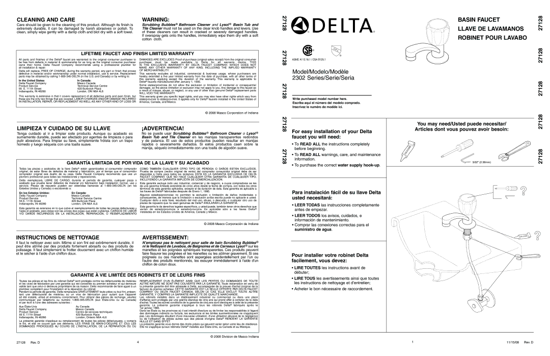 Delta 2302 Series warranty Cleaning and Care, Limpieza Y Cuidado DE SU Llave ¡ADVERTENCIA, 27128 