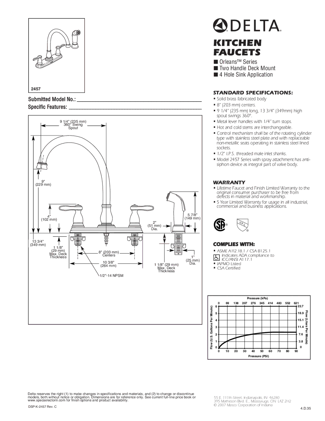 Delta 2457 specifications Kitchen Faucets, Orleans Series Two Handle Deck Mount Hole Sink Application, Warranty 