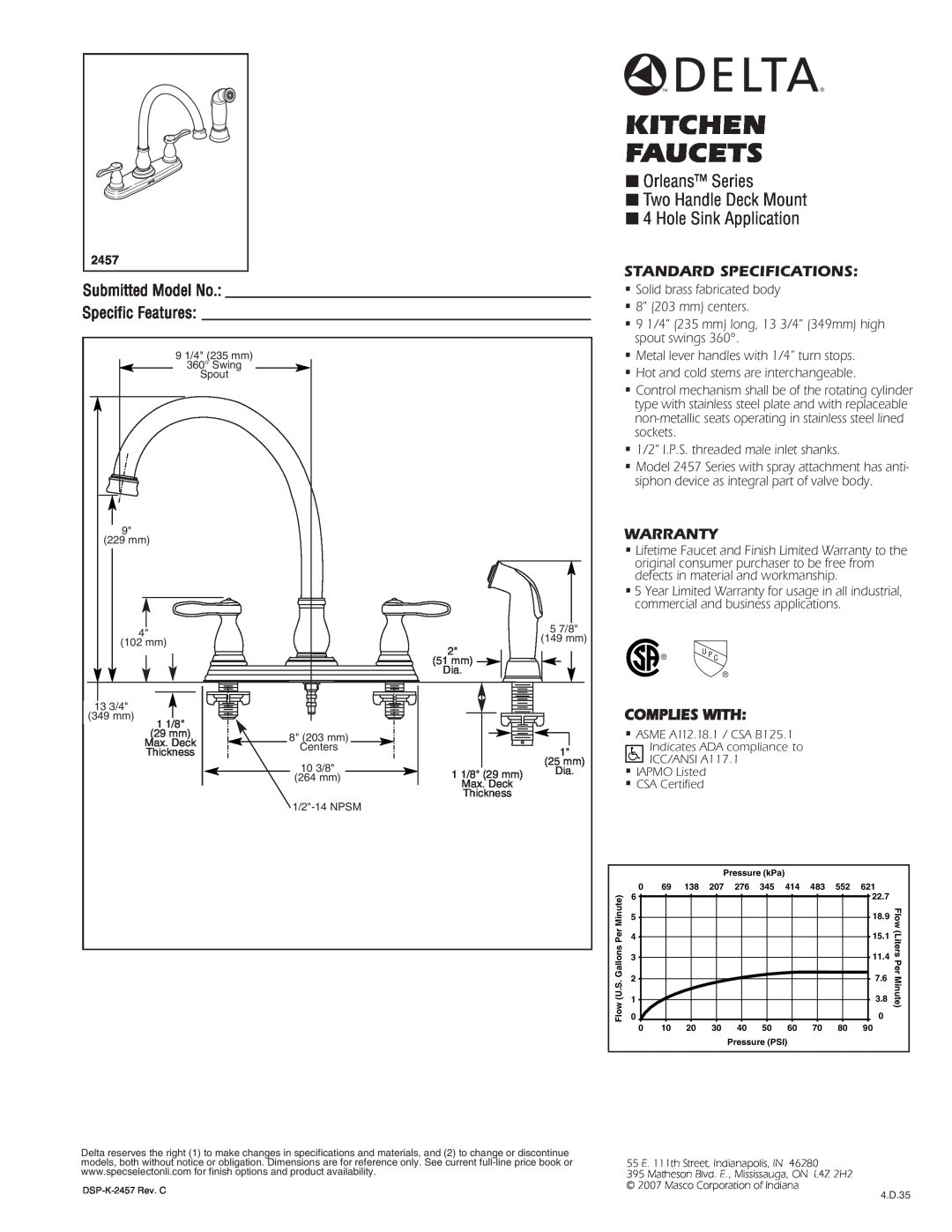 Delta 2457 specifications Kitchen Faucets, Orleans Series Two Handle Deck Mount 4 Hole Sink Application, Warranty 