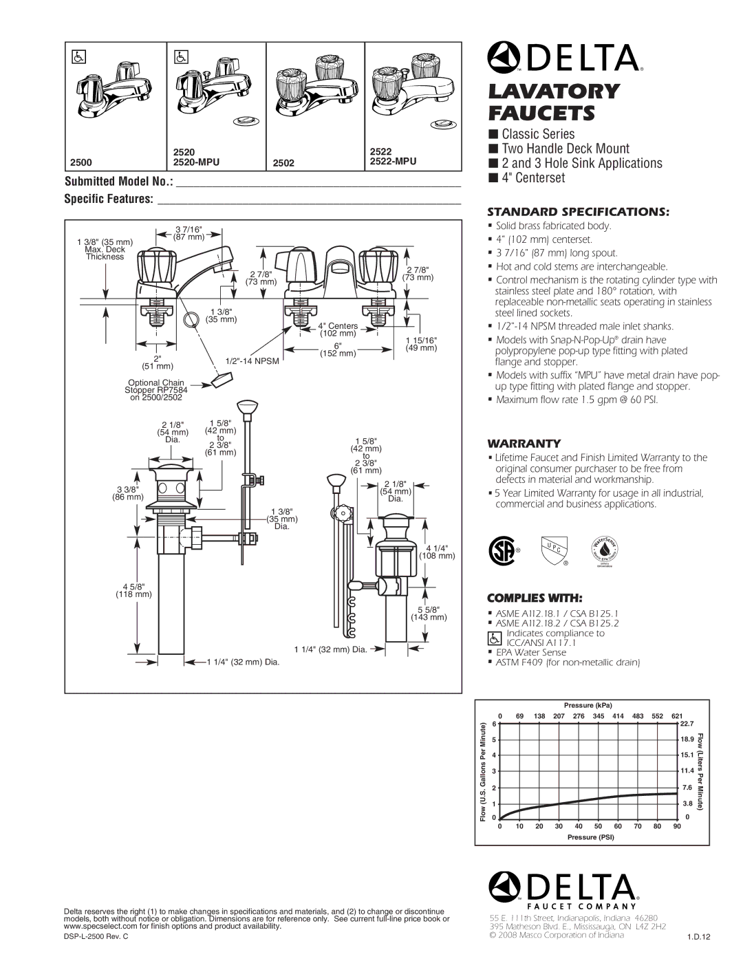 Delta 2522-MPU, 2520-MPU warranty Lavatory Faucets, Submitted Model No, Standard Specifications, Warranty, Complies with 