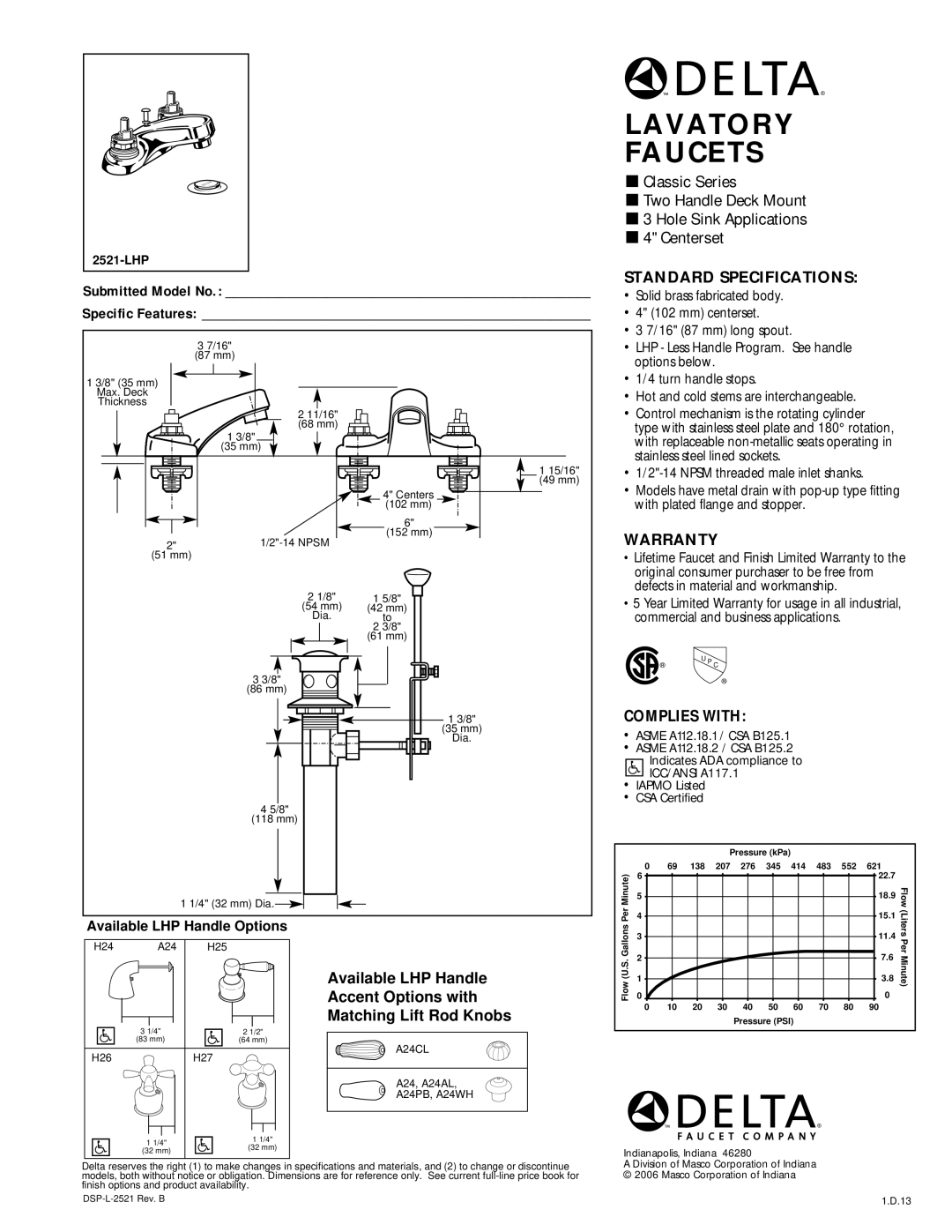 Delta 2521-LHP warranty Lavatory Faucets, Standard Specifications, Warranty, Complies with 