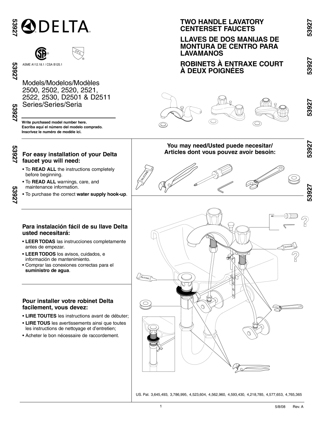 Delta D2501 Series, 2530 Series, D2511 Series manual Series/Series/Seria, 53927 