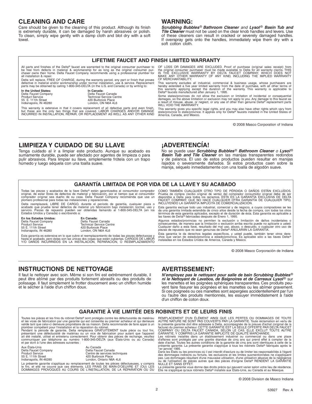 Delta D2511 Series, 2530 Series, D2501 Series manual Instructions de nettoyage, Lifetime Faucet and Finish Limited Warranty 