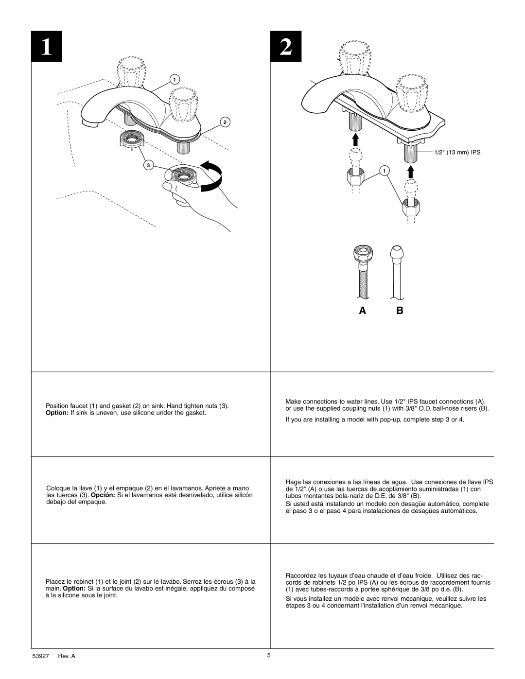 Delta D2511 Series, 2530 Series, D2501 Series manual Position faucet 1 and gasket 2 on sink. Hand tighten nuts 