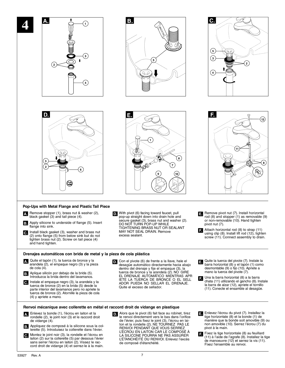 Delta D2501 Series, 2530 Series, D2511 Series manual Pop-Ups with Metal Flange and Plastic Tail Piece, Apriete a mano 