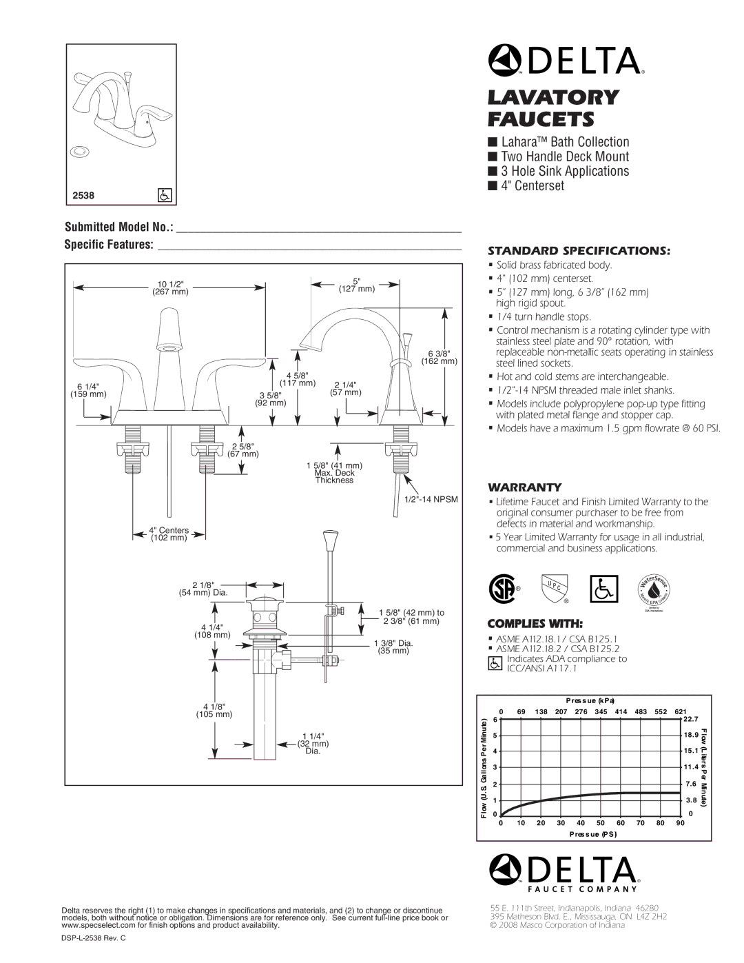 Delta 2538 warranty Lavatory Faucets, Submitted Model No Specific Features, Standard Specifications, Warranty 