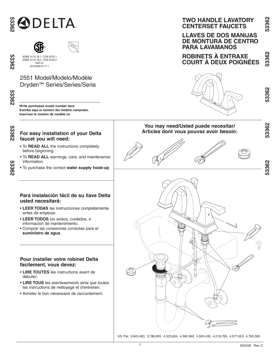 Delta 2551 Series manual 53362, Lire Toutes les instructions avant de débuter, Acheter le bon nécessaire de raccordement 